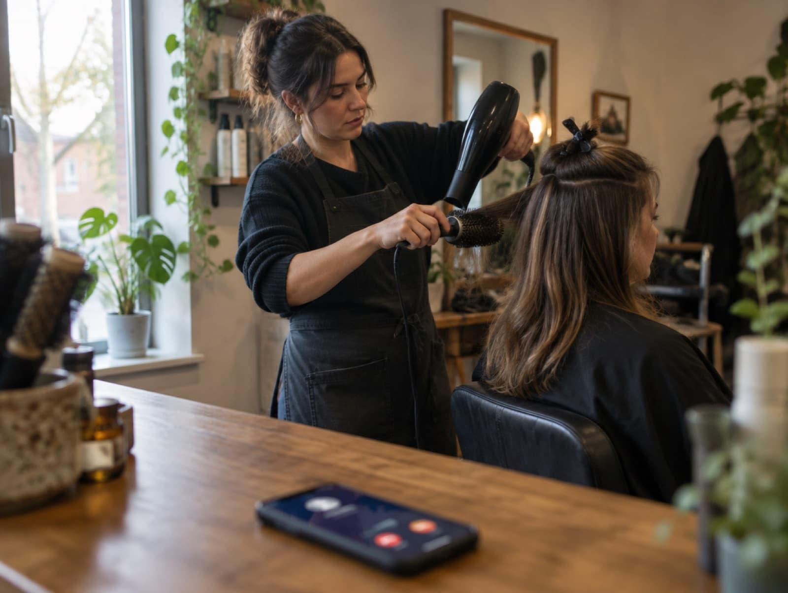 A stylist mid blow-dry with both hands busy while her phone lights up with a call on the counter